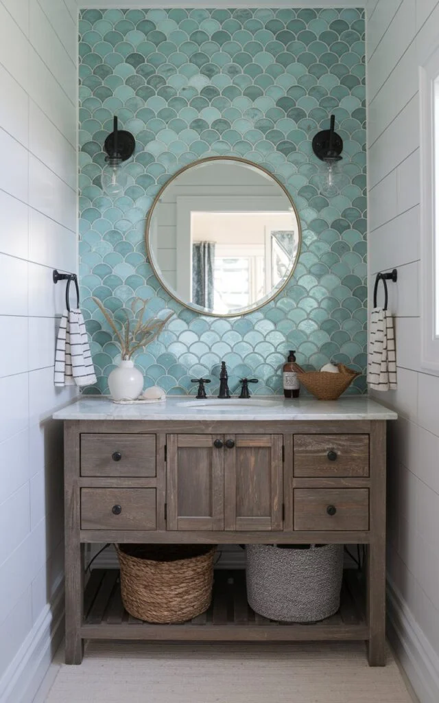 A farmhouse bathroom with a coastal vibe featuring aqua blue fish scale tiles behind the vanity, white shiplap walls, and rustic wood accents.