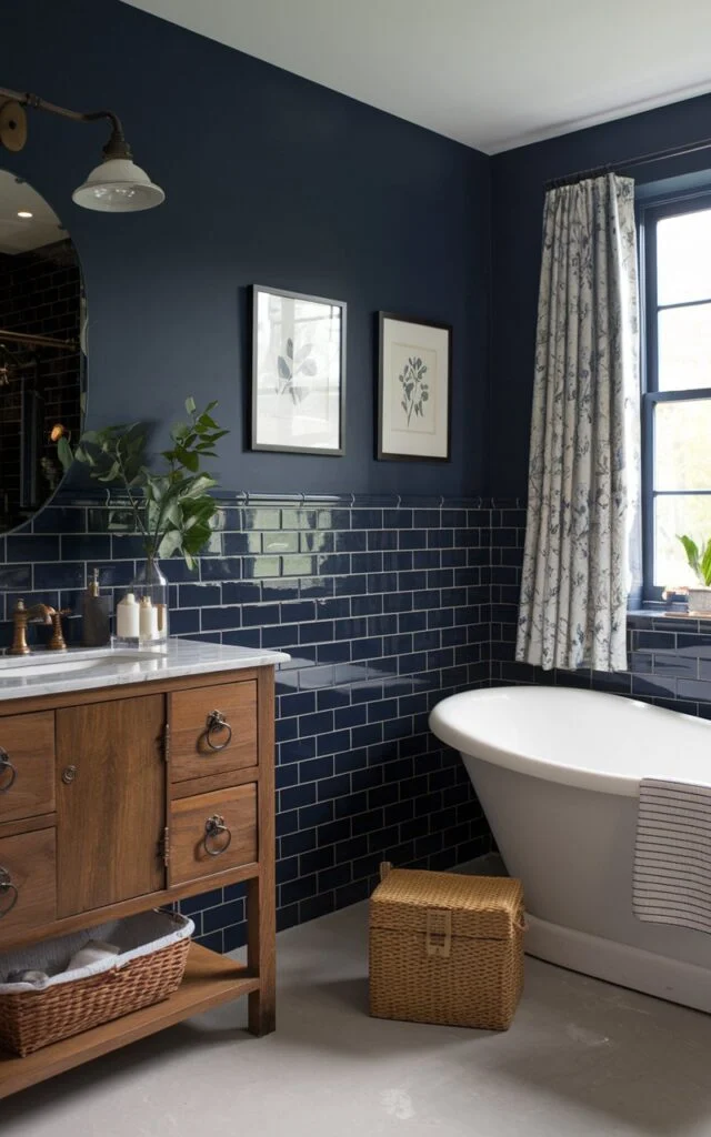 A moody English countryside bathroom with glossy navy subway tiles matching the matte navy wall paint, white freestanding tub, and warm wood vanity.