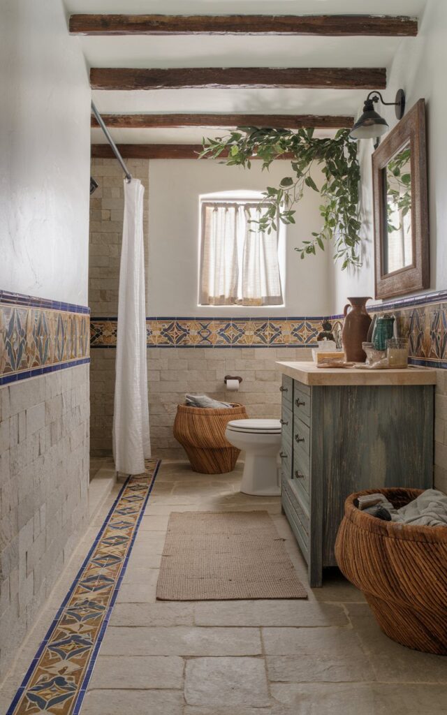 A rustic Mediterranean bathroom with stone-look tiles and a colorful patterned border tile in cobalt blue, mustard, and burnt orange wrapping the room.