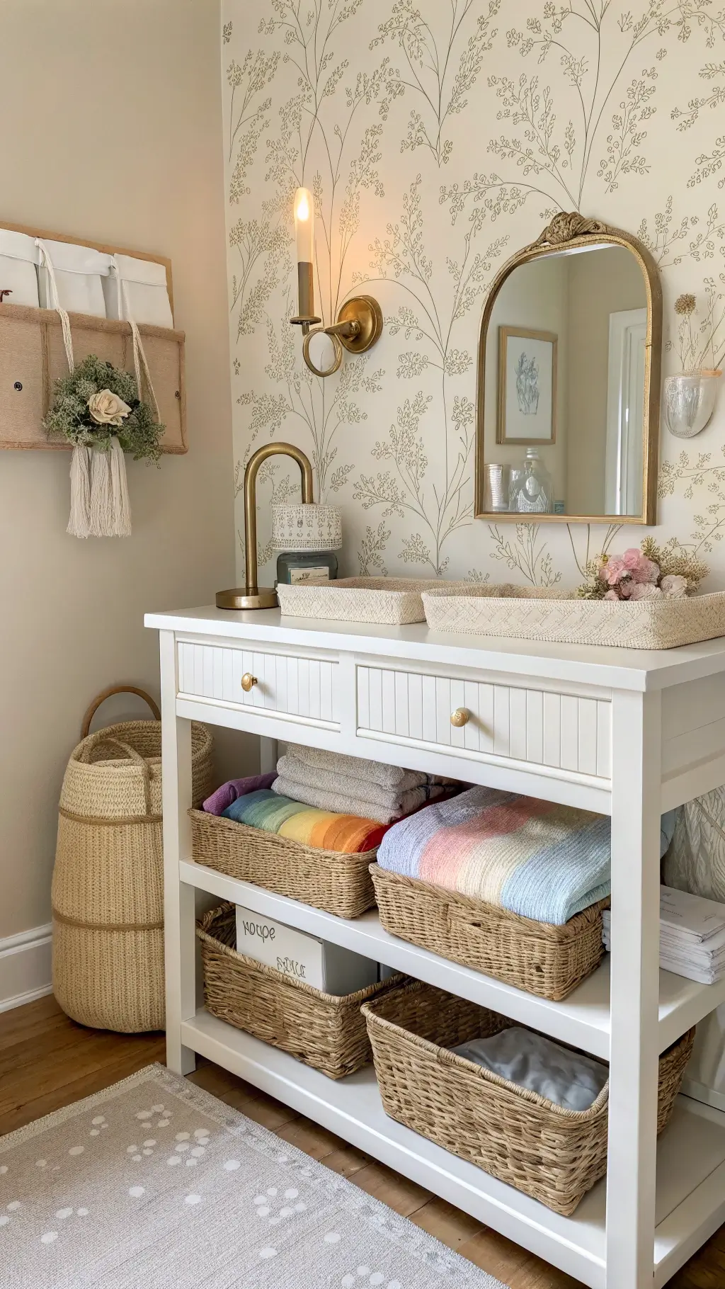 Cozy diaper changing nook with a white wooden dresser against soft beige wallpaper featuring woodland motifs. A brass wall light provides warm illumination. Open shelving holds woven baskets and neatly folded organic cotton linens in subtle pastel shades. A vintage brass-framed mirror reflects natural daylight, blending rustic wood, soft textiles, and metallic accents.