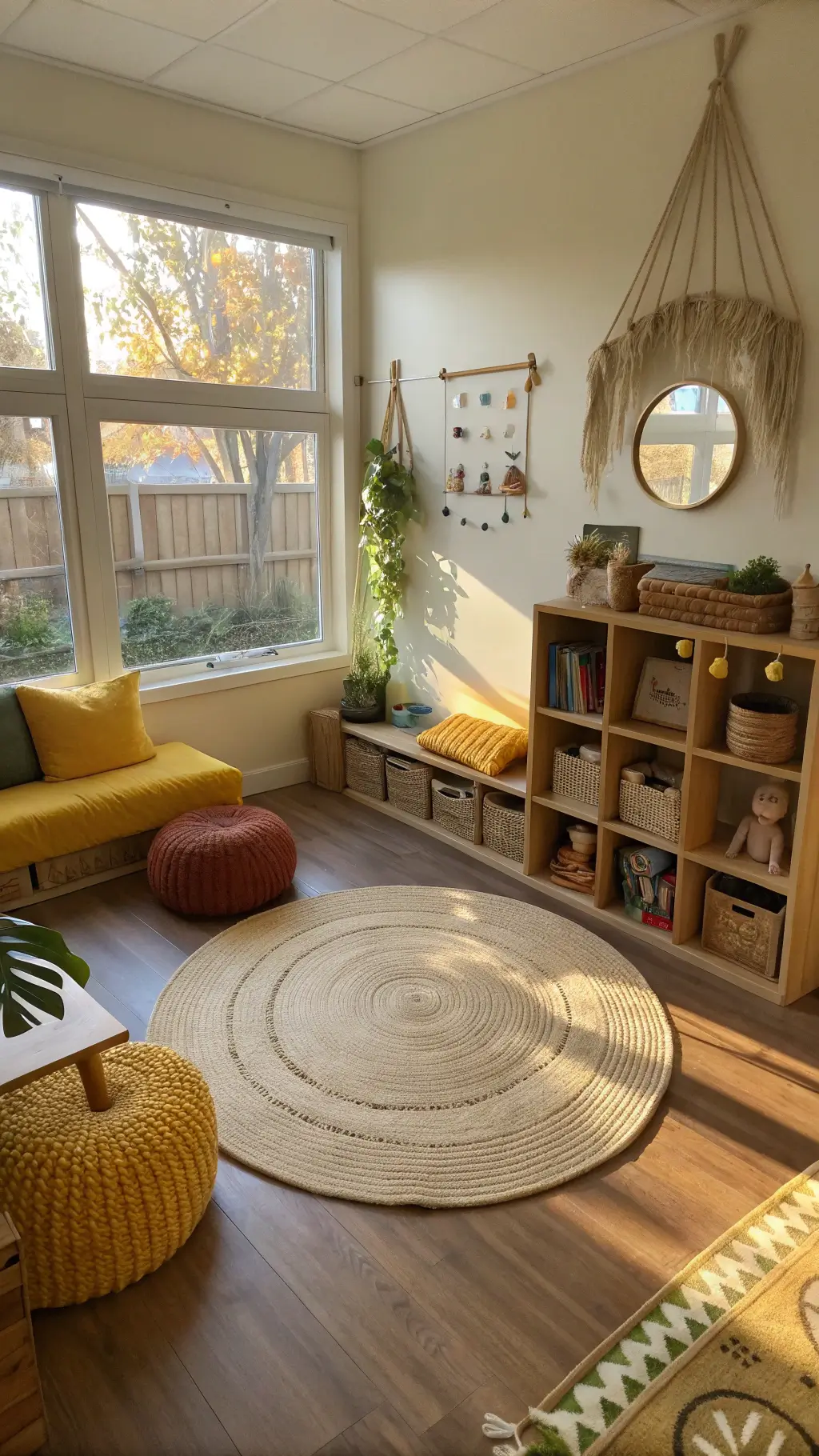 Play nook featuring a round jute rug, low wooden toy shelves, burnt orange and mustard floor cushions, and a toddler-height acrylic mirror. Sunlight pours through large windows, highlighting a macramé wall hanging and earthy decor with accents of sunny yellow and muted green.