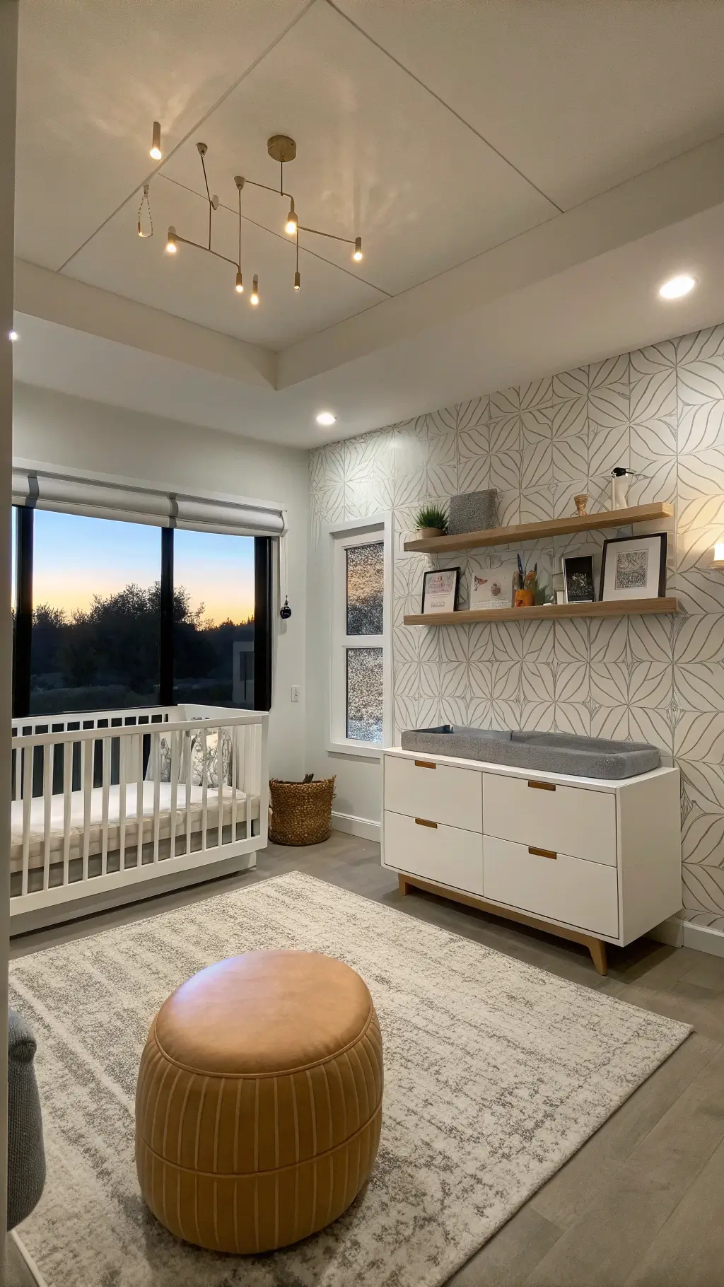 Sleek minimalist nursery at twilight with soaring ceilings and white walls accented by subtle geometric wallpaper. A bleached oak platform crib, floating shelves, and concealed storage maintain clean aesthetics. Automated blackout blinds are partially drawn. Cool grays and whites are warmed by brass fixtures and a camel leather ottoman, emphasizing simplicity and intentional design.