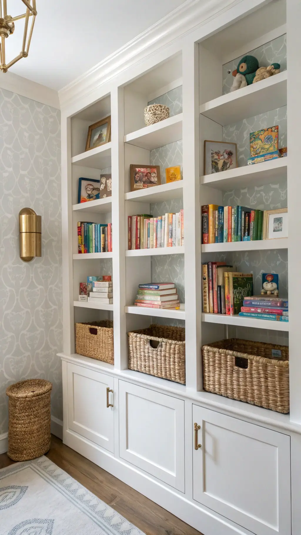 Tall built-in white shelving spanning an 8-foot wall, styled with woven baskets, color-coordinated children's books, and vintage toys. A brass reading lamp provides focused lighting. Textured wallpaper and fabric bins add subtle patterns, with warm wood accents balancing the cool gray and white palette.