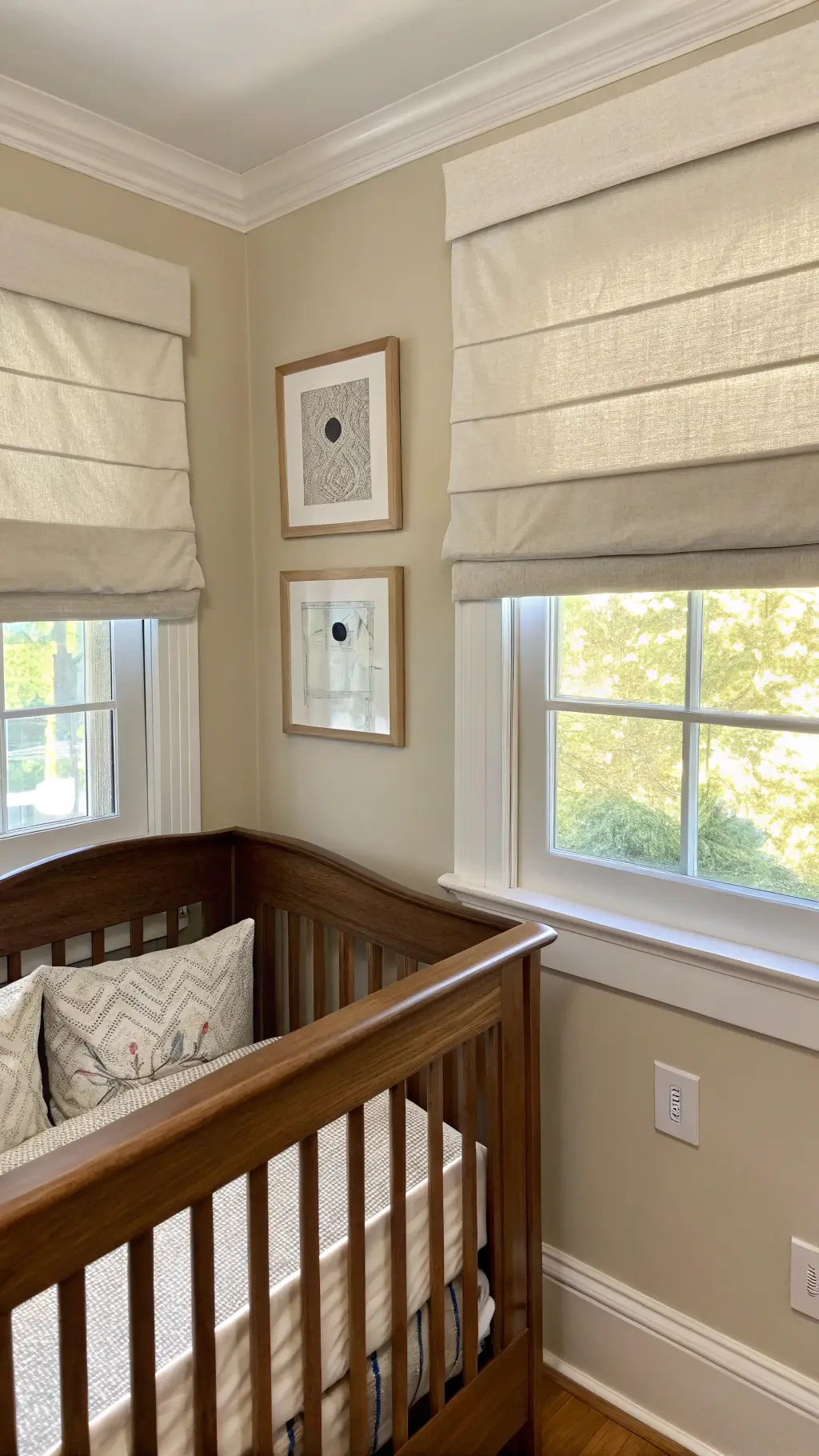 Contemporary nursery corner featuring cordless linen roman shades, childproof outlet covers, rounded built-in furniture, and securely mounted pieces in a soft neutral color scheme.