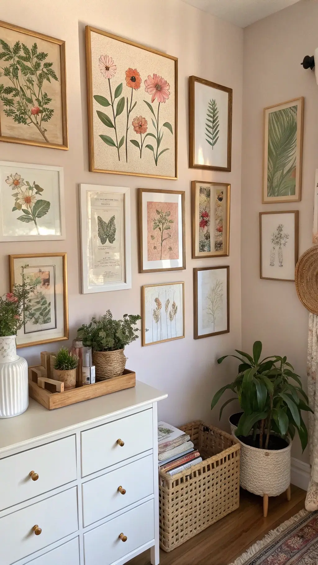 Handmade nursery art display featuring framed vintage book prints, hand-painted botanical designs, and fabric art in brass and natural wood frames. Arranged asymmetrically on a soft blush wall illuminated by gentle afternoon light. Below, a styled console holds cherished keepsakes and small plants.