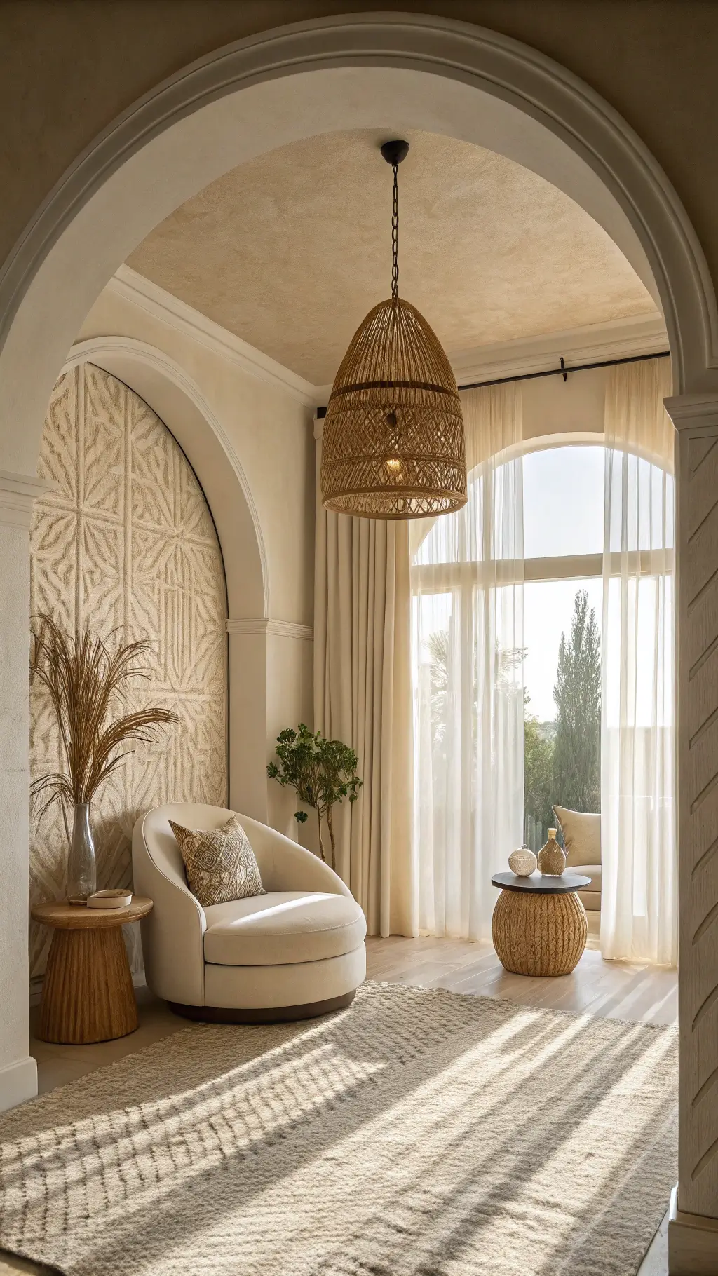 Gender-neutral nursery at dawn featuring warm whites and oatmeal tones. The 12x14ft room showcases an architectural archway, curved furniture, textured wallpaper, and a woven pendant light. Sheer curtains diffuse morning sunlight, casting gentle shadows on natural materials and organic shapes.