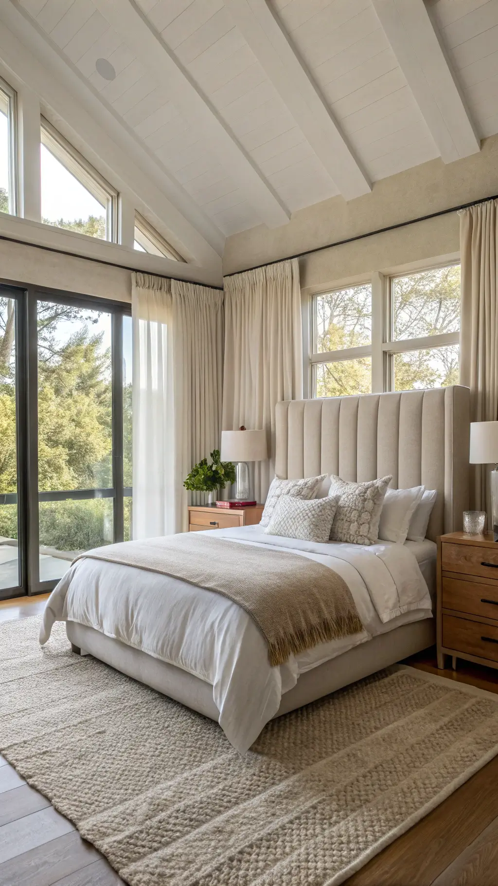 Intimate bedroom at golden hour with floor-to-ceiling windows draped in gauzy cream fabric. A light taupe velvet channel-tufted headboard anchors the space, dressed in rumpled Belgian linen bedding. Bleached oak nightstands add contrast, while a handwoven jute rug provides natural texture beneath. Warm light enhances the soft neutral tones.