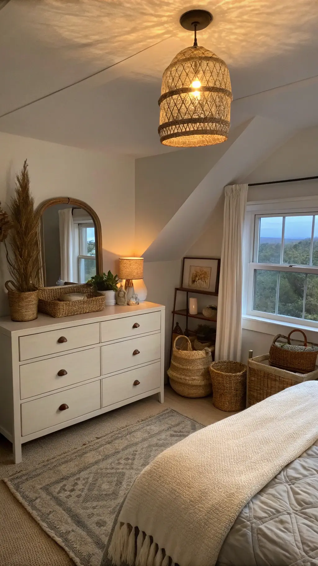 A cozy 10x12ft bedroom at dusk with soft greige walls, ambient lighting from an alabaster pendant, and a weathered cream dresser. An oversized antiqued brass mirror reflects warm light, enhancing the layered styling of woven baskets, ceramic vessels, and dried pampas grass. Natural fiber roman shades diffuse the fading light.