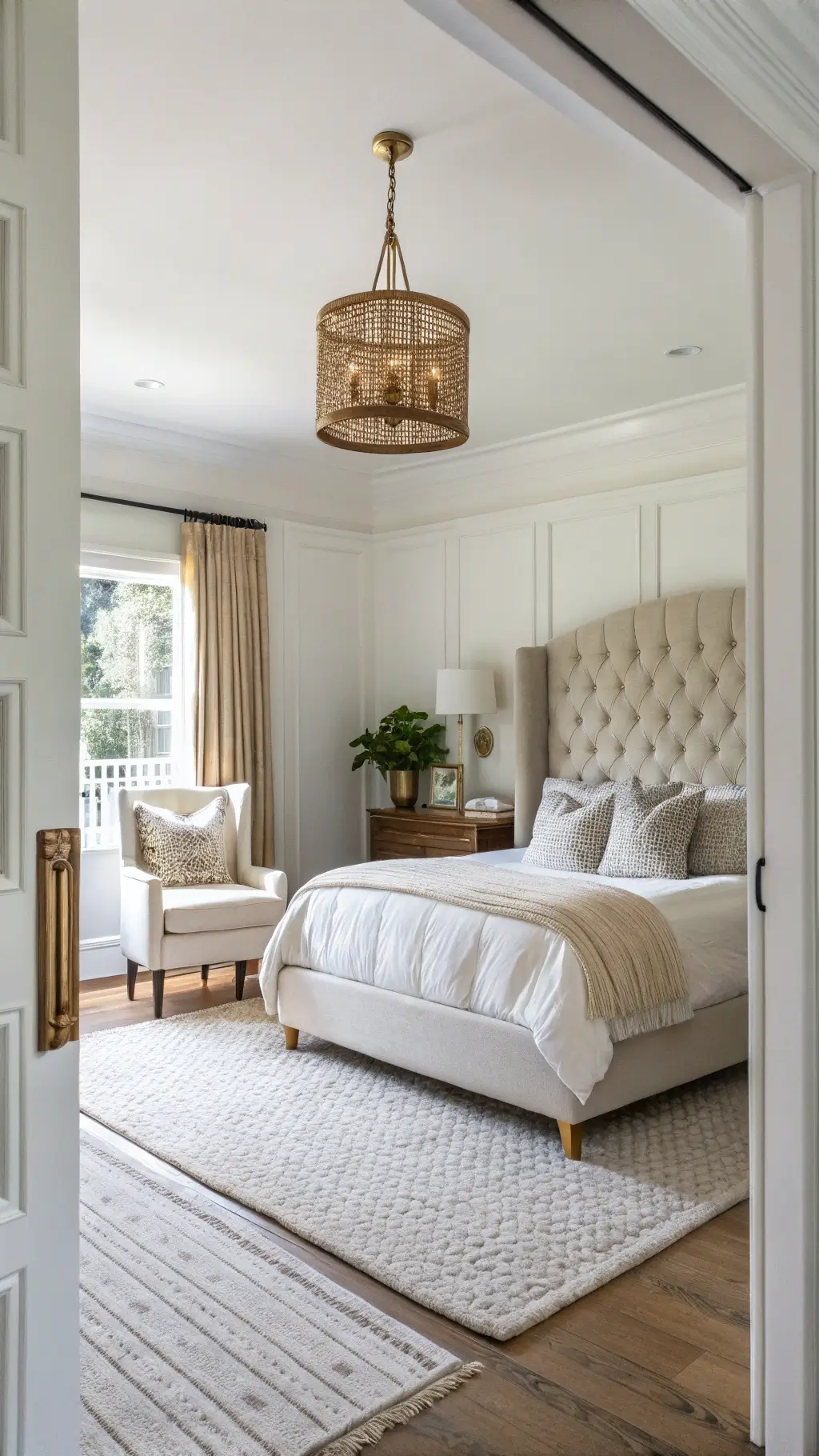 Primary bedroom with warm white walls, a linen-upholstered wingback headboard, mixed metal accents, and layered neutral bedding. A Moroccan wool rug and woven pendant light add texture. A cream bouclé chair sits in a reading nook. Mid-morning natural light fills the 15x18ft space.