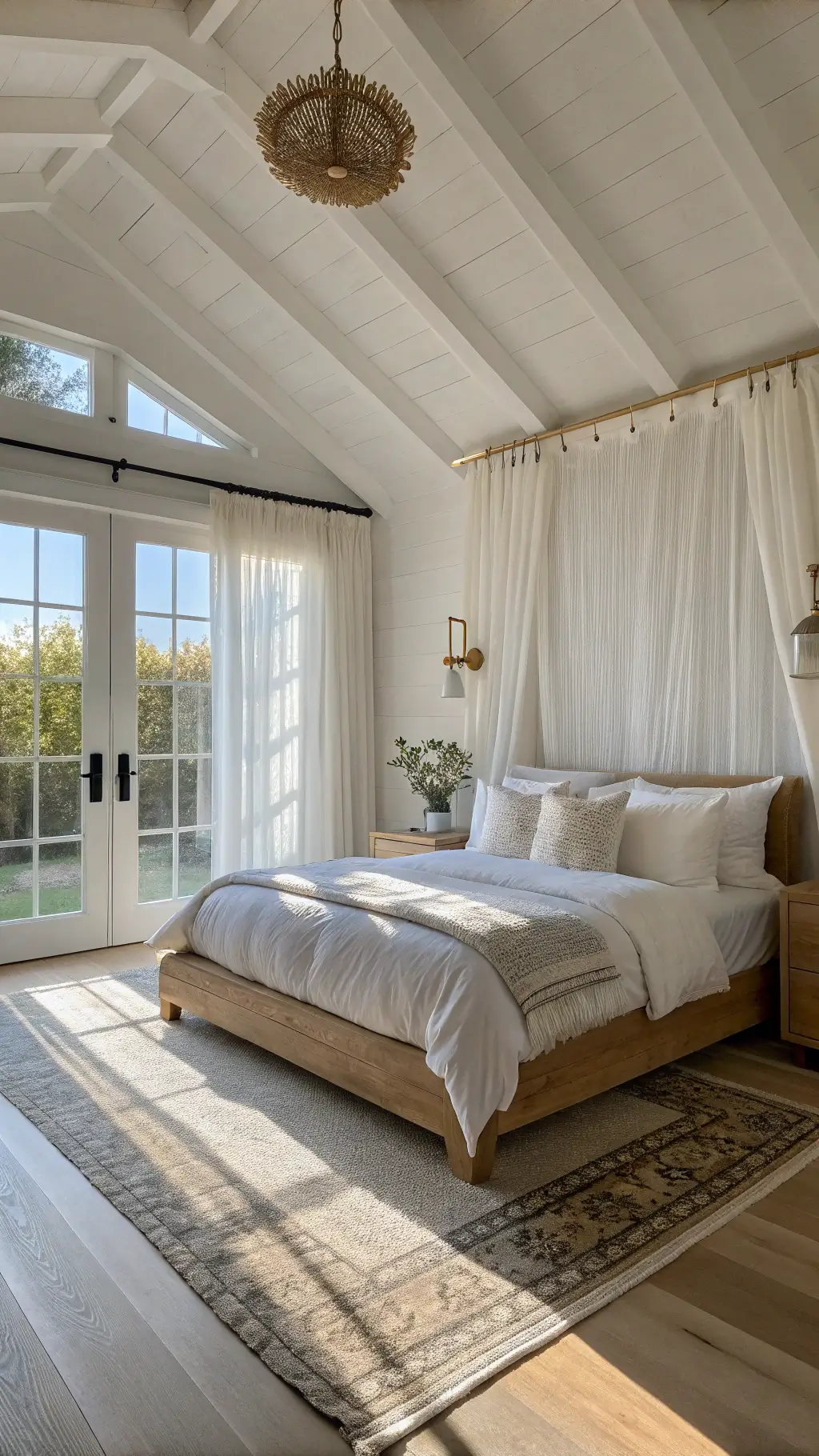 Airy 13x15ft bedroom bathed in early morning light, with a low-profile bleached oak platform bed centered on a sisal rug. Soft white and cream bedding adds warmth, while sheer linen curtains diffuse sunlight. Minimalist brass sconces and ceramic pottery provide subtle texture. Photographed from above, highlighting the serene, textured arrangement.