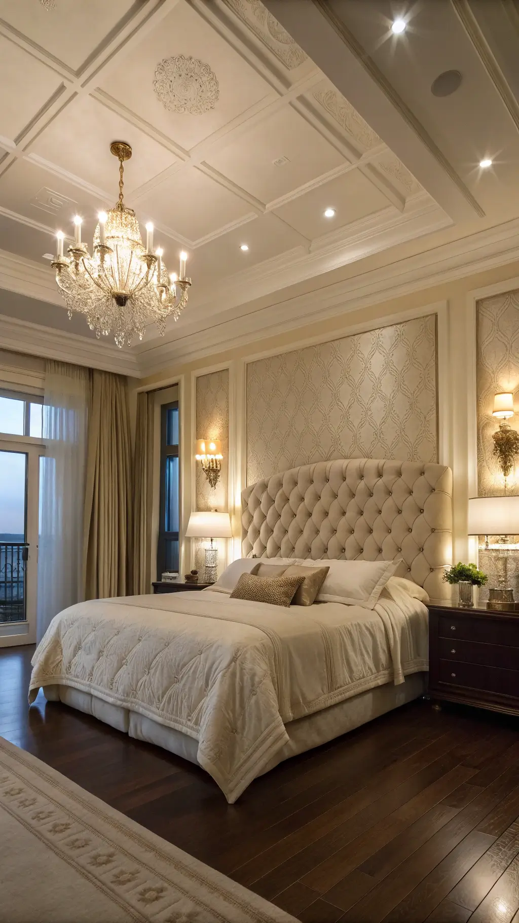 A luxurious 16x14ft bedroom at twilight with a tufted cream velvet headboard, coffered ceilings, and crystal wall sconces. Antique gold mirrors reflect warm light on ivory grasscloth wallpaper. Silk drapes cascade onto bleached hardwood floors, enhancing the room's elegant ambiance.