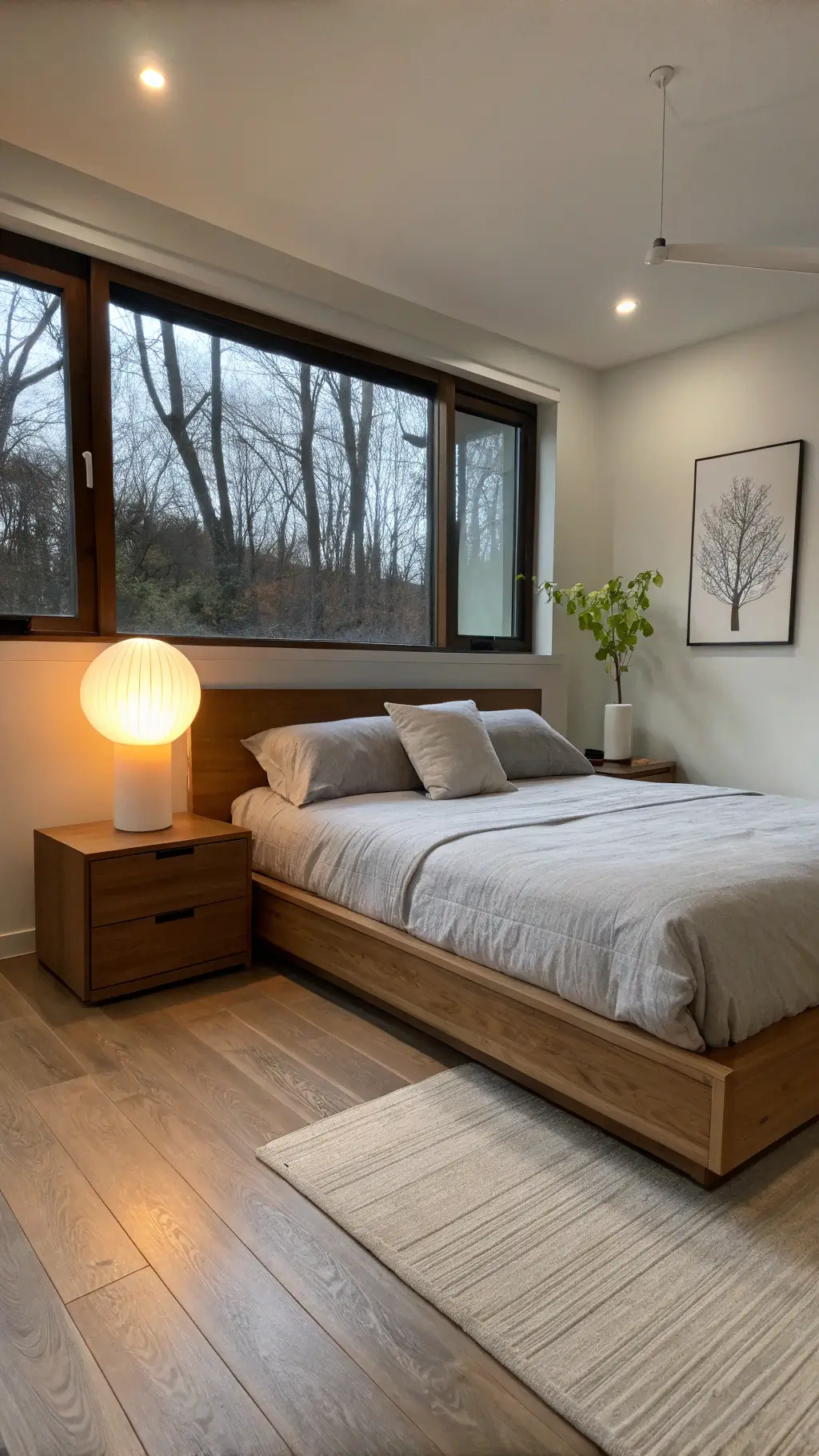 Minimalist bedroom at dusk featuring a warm sculptural floor lamp, floating bleached wood nightstand with a white ceramic vase, platform bed dressed in light gray Belgian linen, and hidden walnut under-bed storage. The wide-angle shot highlights the spacious negative space.