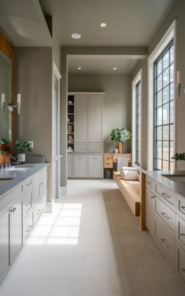 A photo of a spacious, open-plan bathroom painted in a sophisticated greige tone. The room has sleek, modern cabinetry with soft gray finishes, warm wood accents, and natural stone countertops. The room features clean lines and large windows that flood the space with natural light. The room also has minimalist fixtures in brushed nickel, plush textiles, and greenery.