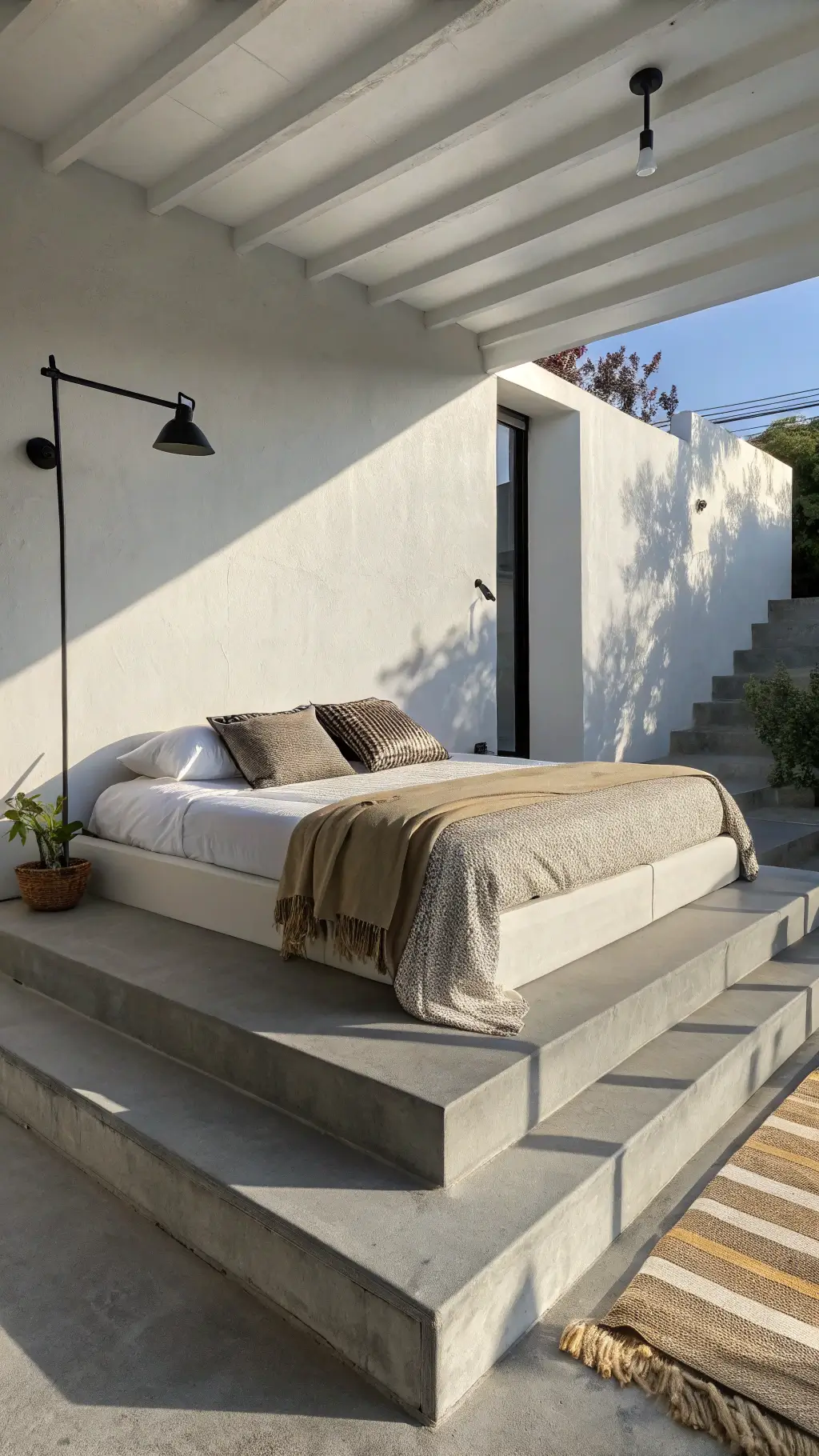 Minimalist bedroom featuring a concrete-gray platform bed with white linens and a beige throw, illuminated by late afternoon light casting dramatic shadows. A black metal sconce provides focused lighting against clean architectural lines.