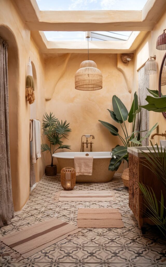 A photo of a luxurious boho bathroom with warm buttery beige walls. The space has a soft and laid-back elegance. There's a freestanding tub on patterned tile flooring, surrounded by a rattan lantern, a layered woven rug, and an oversized leafy plant. Brass fixtures and a carved wood vanity add rich bohemian character. The space has a skylight ceiling, a few plants, a floor rug, and a curtained window.
