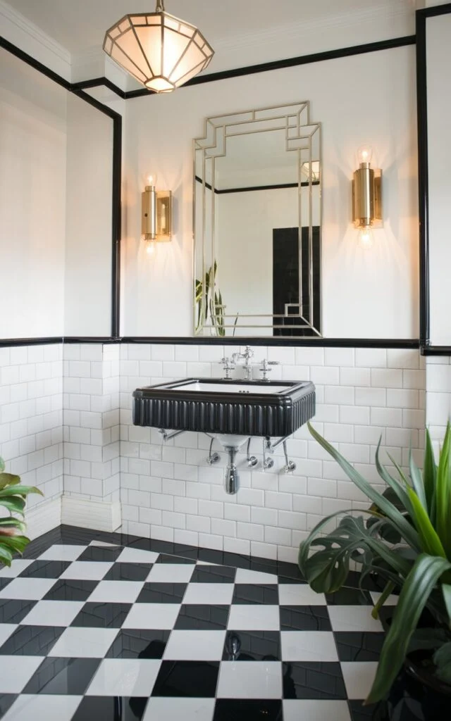 A photo of an Art Deco-inspired bathroom with a bold black-and-white contrast. The floor is covered with glossy black and white checkerboard tiles. The walls are white and are outlined with sleek black trim. There is a pedestal sink with fluted edges and chrome fixtures. It sits beneath a vintage-inspired mirror with a geometric frame. Gold sconces and a statement deco pendant light add a luxe sparkle. There are also a few plants in the room.