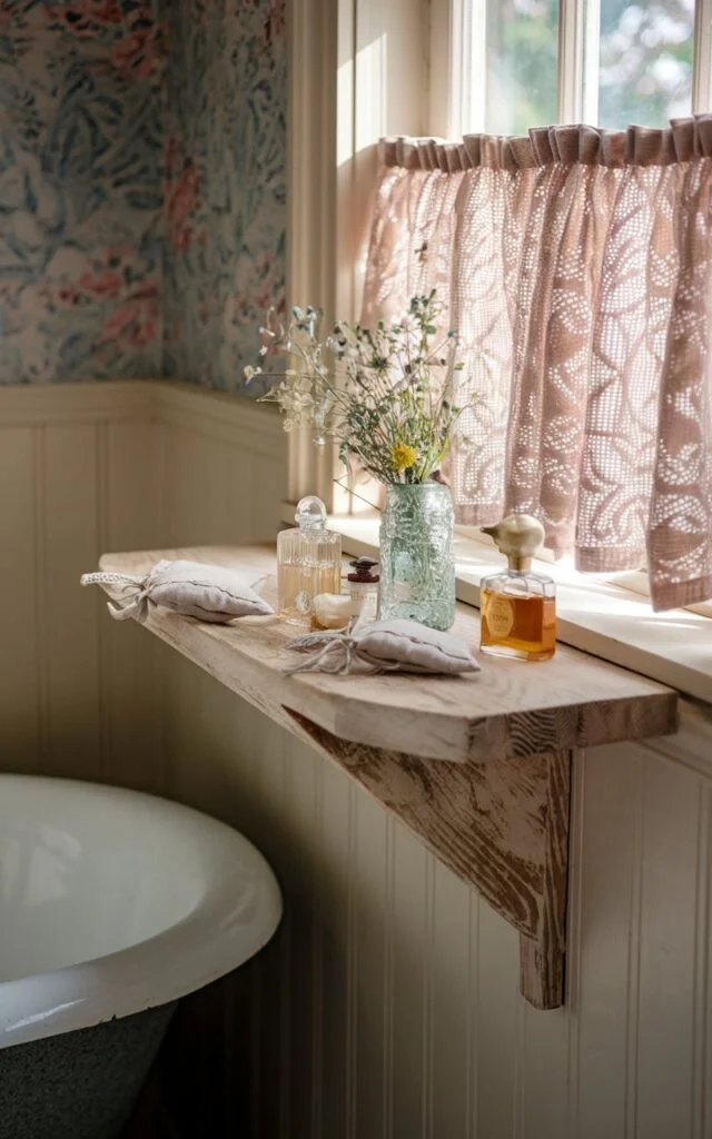 Cottagecore bathroom with wooden shelf under window