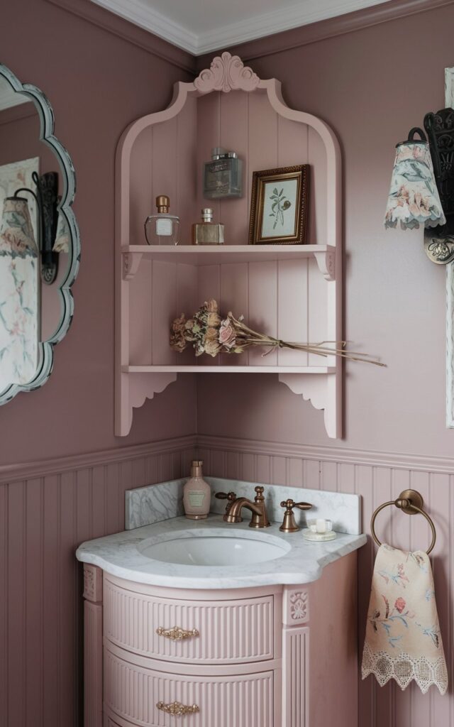 Modern cottagecore bathroom with corner shelf unit