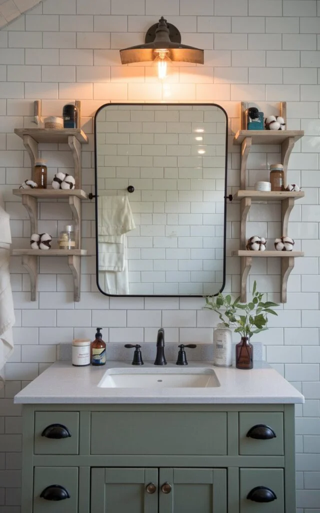 Farmhouse bathroom with wraparound wooden shelves framing mirror