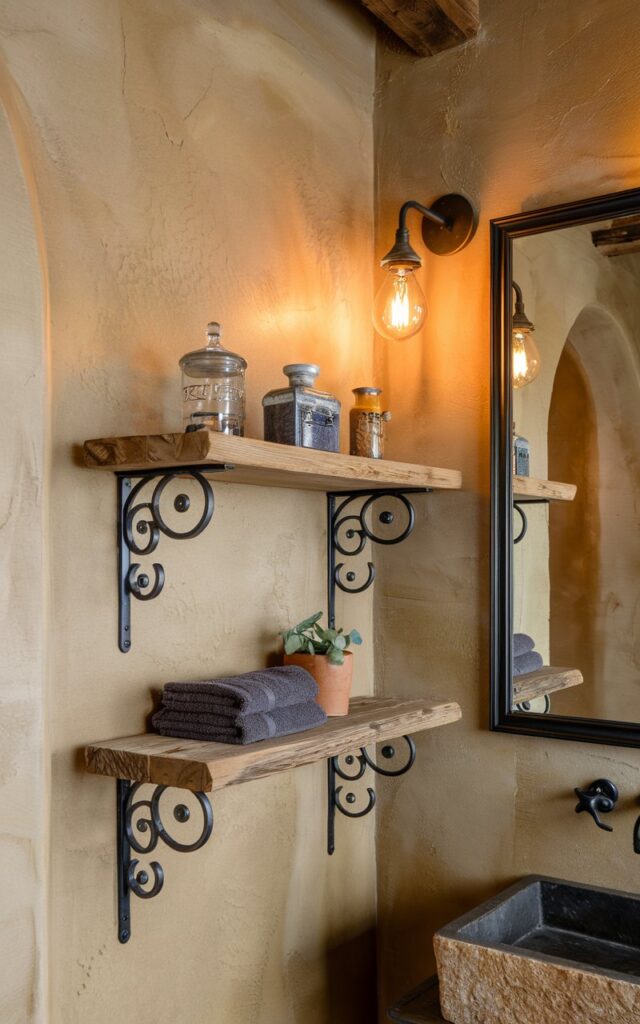 Modern rustic bathroom with reclaimed wood shelf and metal brackets