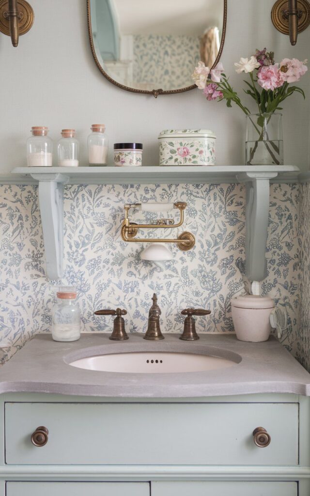English countryside bathroom with slim shelf above backsplash