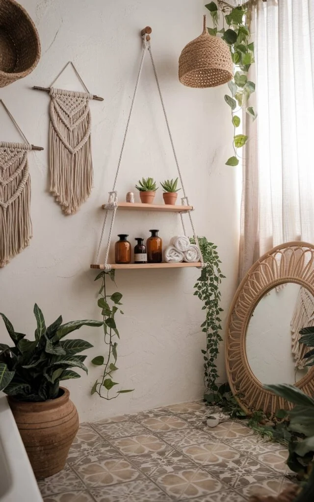 Boho bathroom with rope suspended wooden shelf