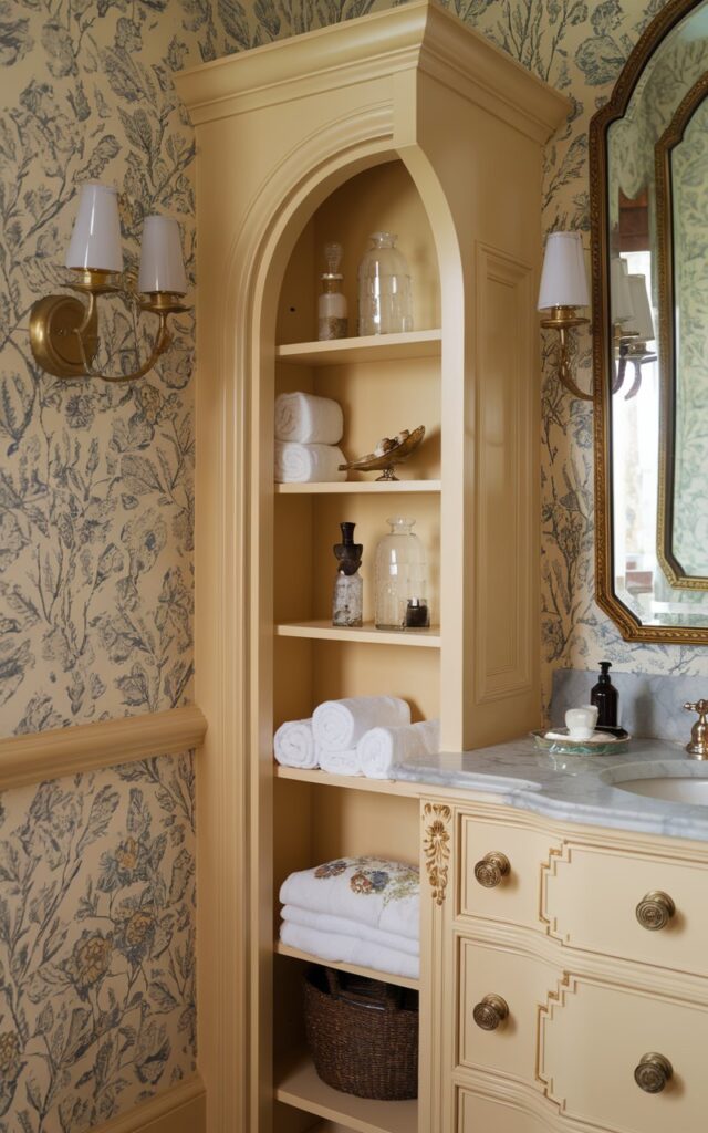 Traditional bathroom with slim shelf between vanity and wall