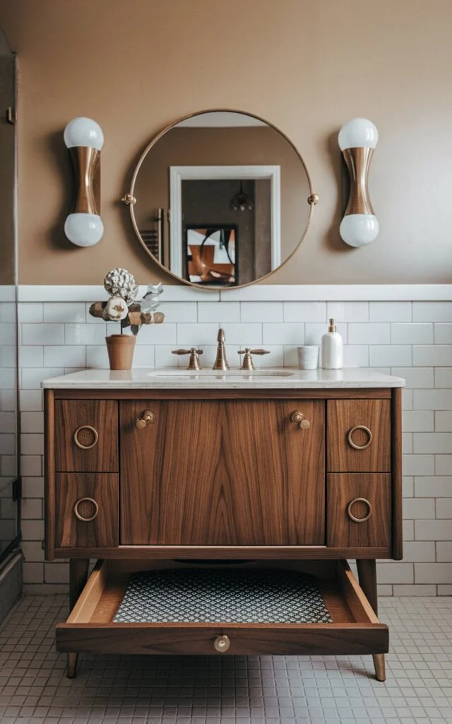 Mid-century modern bathroom with pull-out shelf in vanity kickboard