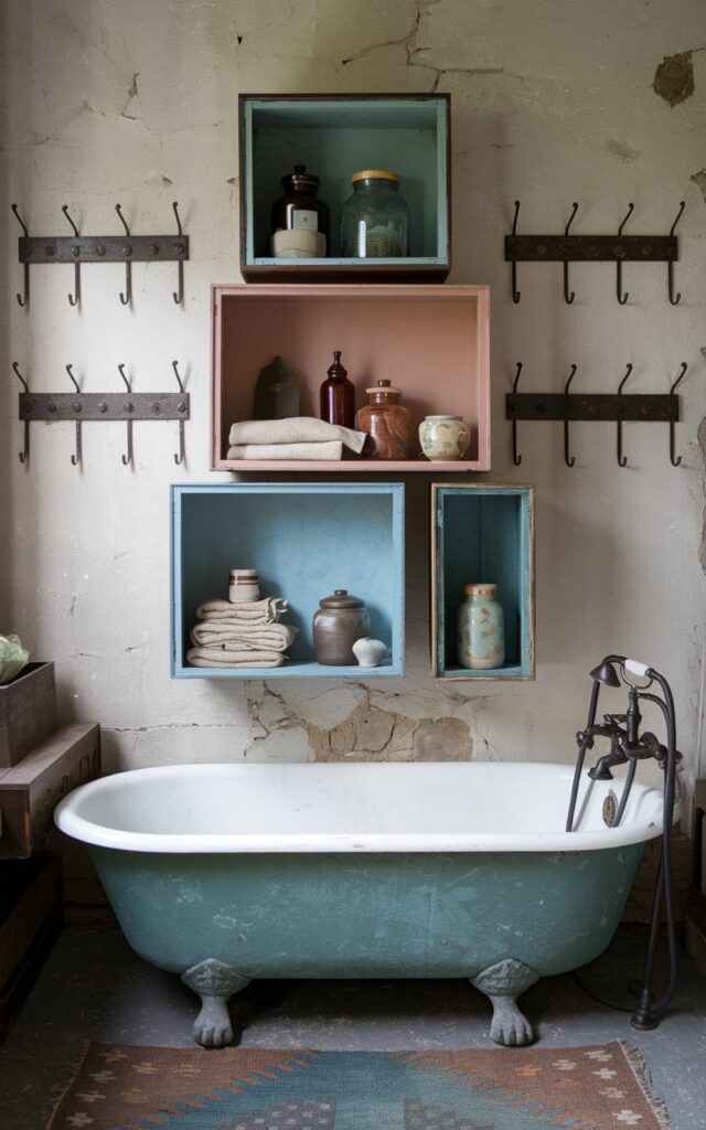 Vintage bathroom with stacked open box shelves