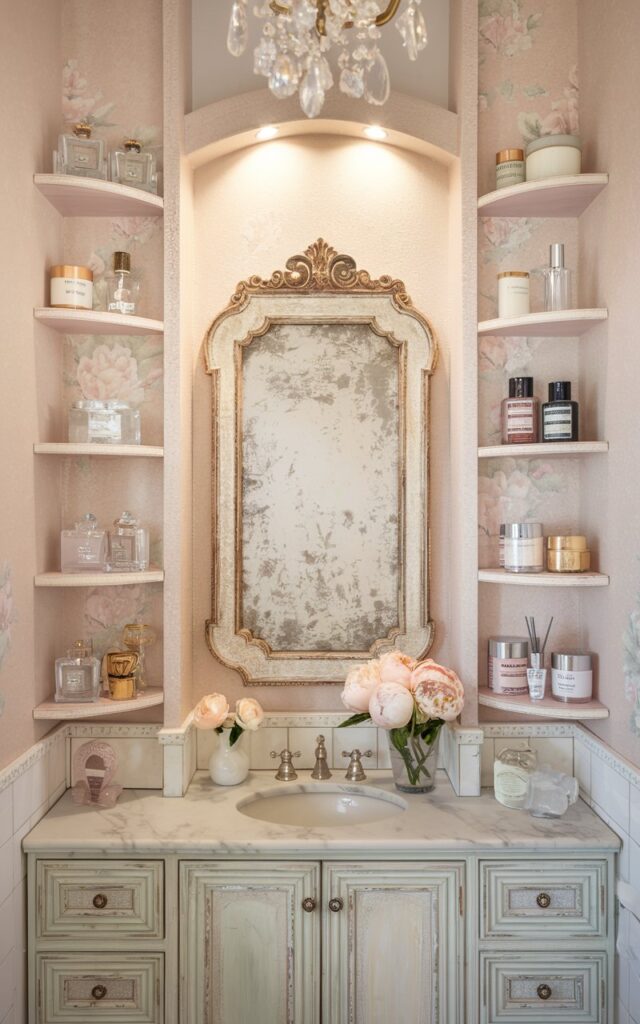 Bathroom with narrow whitewashed ledges beside vanity