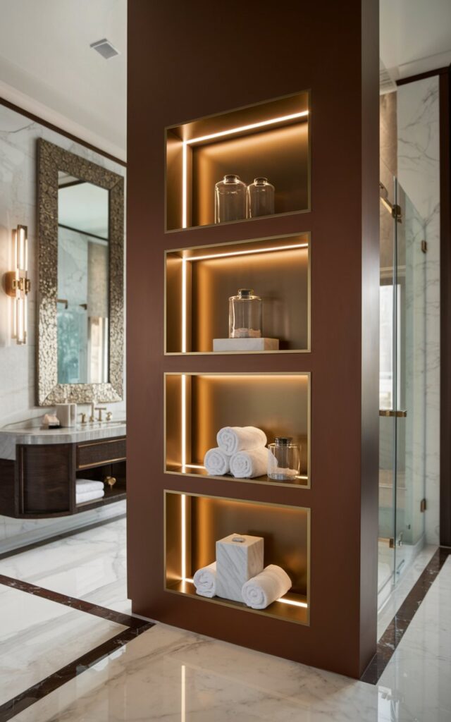 Modern bathroom with recessed shelves and brass inlay