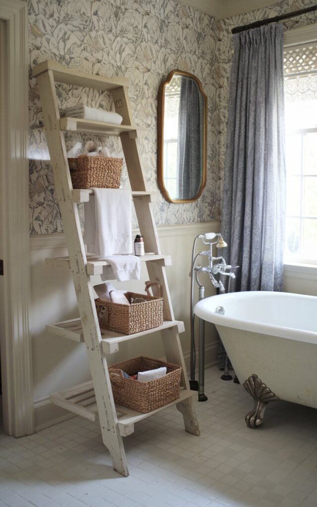 French country bathroom with leaning wooden ladder shelf