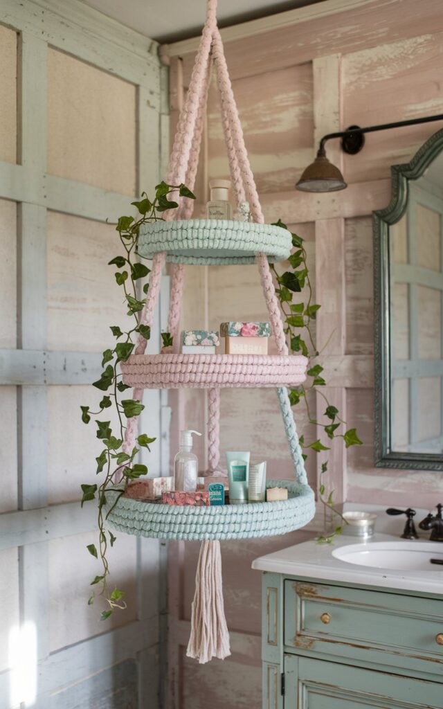 Boho bathroom with tiered hanging shelf