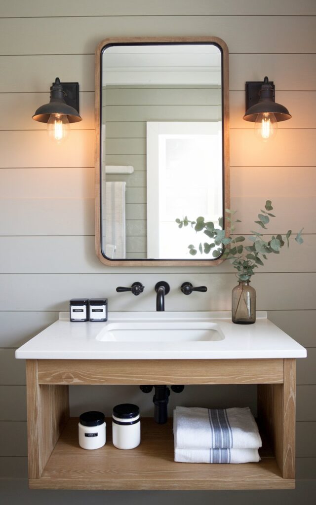 Modern farmhouse bathroom with combined mirror and shelf unit
