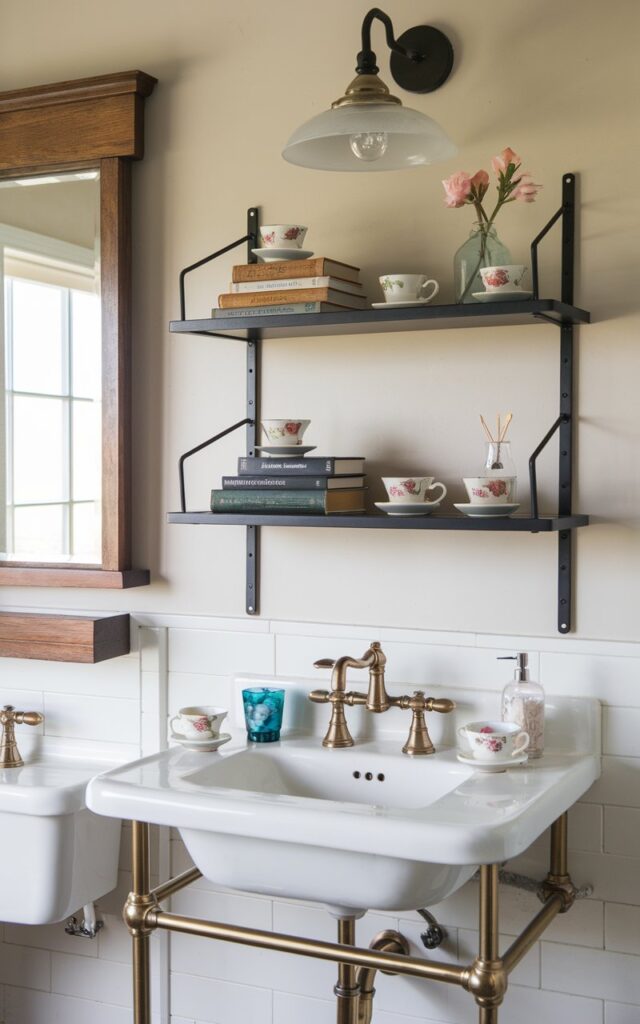 Bathroom with matte black floating shelf on white wall
