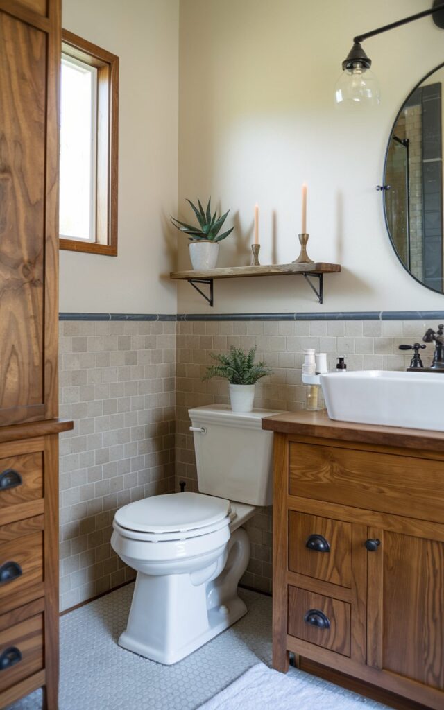 Modern bathroom with small shelf behind toilet