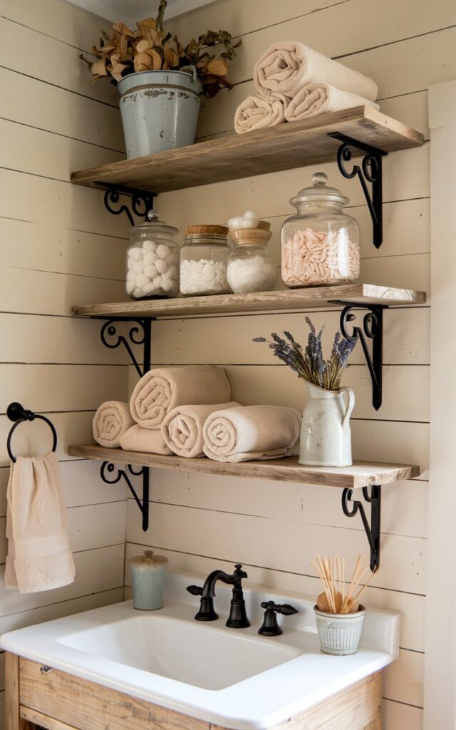 Farmhouse bathroom with rustic wooden shelves and rolled towels
