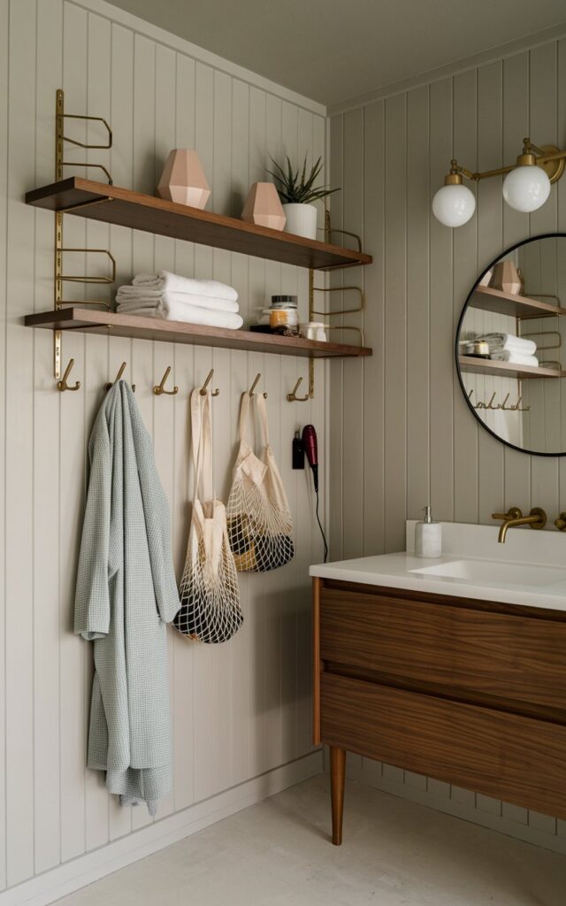 Mid-century modern bathroom with shelves and brass hooks