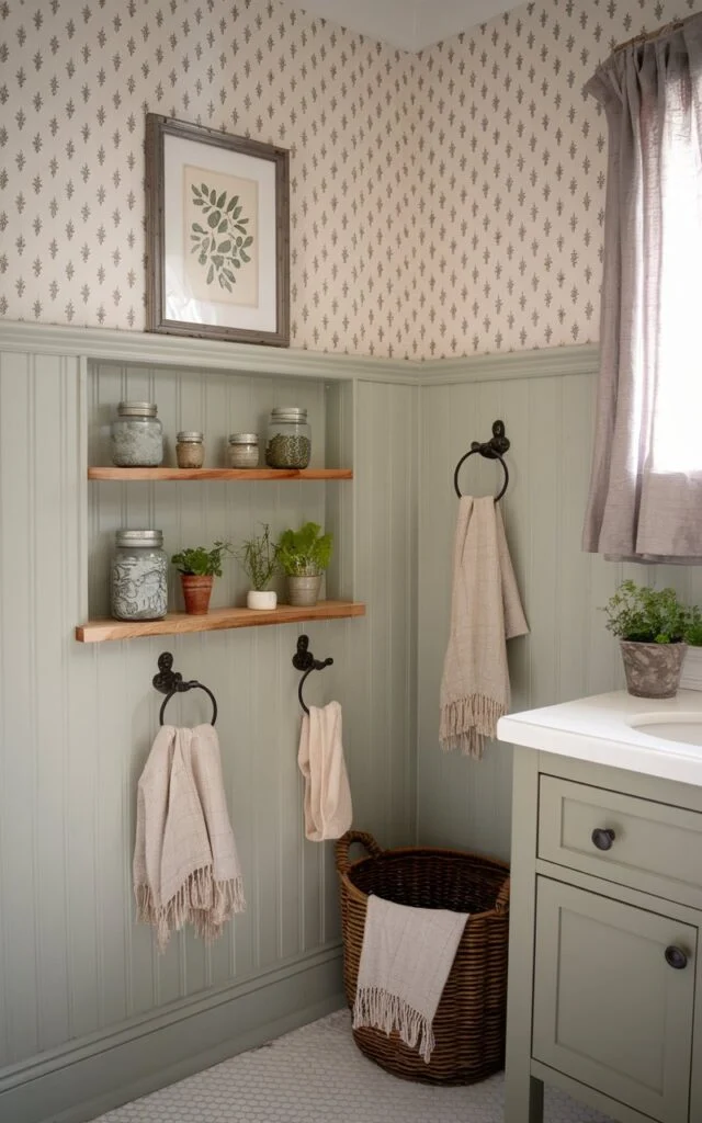 Farmhouse bathroom with shelf ledge above beadboard