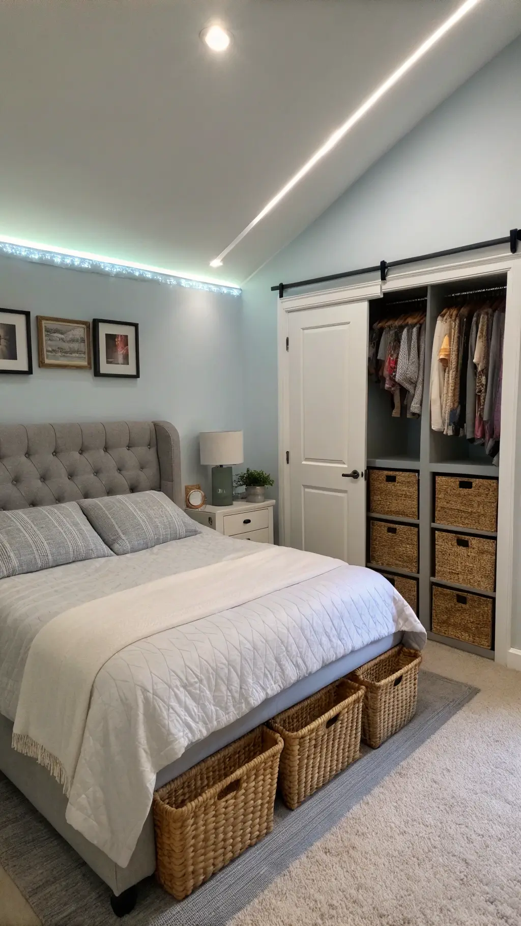 Minimalist 8'x10' bedroom at dusk with LED strip lighting behind a tufted gray headboard, casting a soft glow on pale blue walls. Under-bed storage features wheeled woven baskets. An over-door organizer holds vintage scarves, maximizing vertical space. Cozy ambiance with balanced natural and ambient lighting.