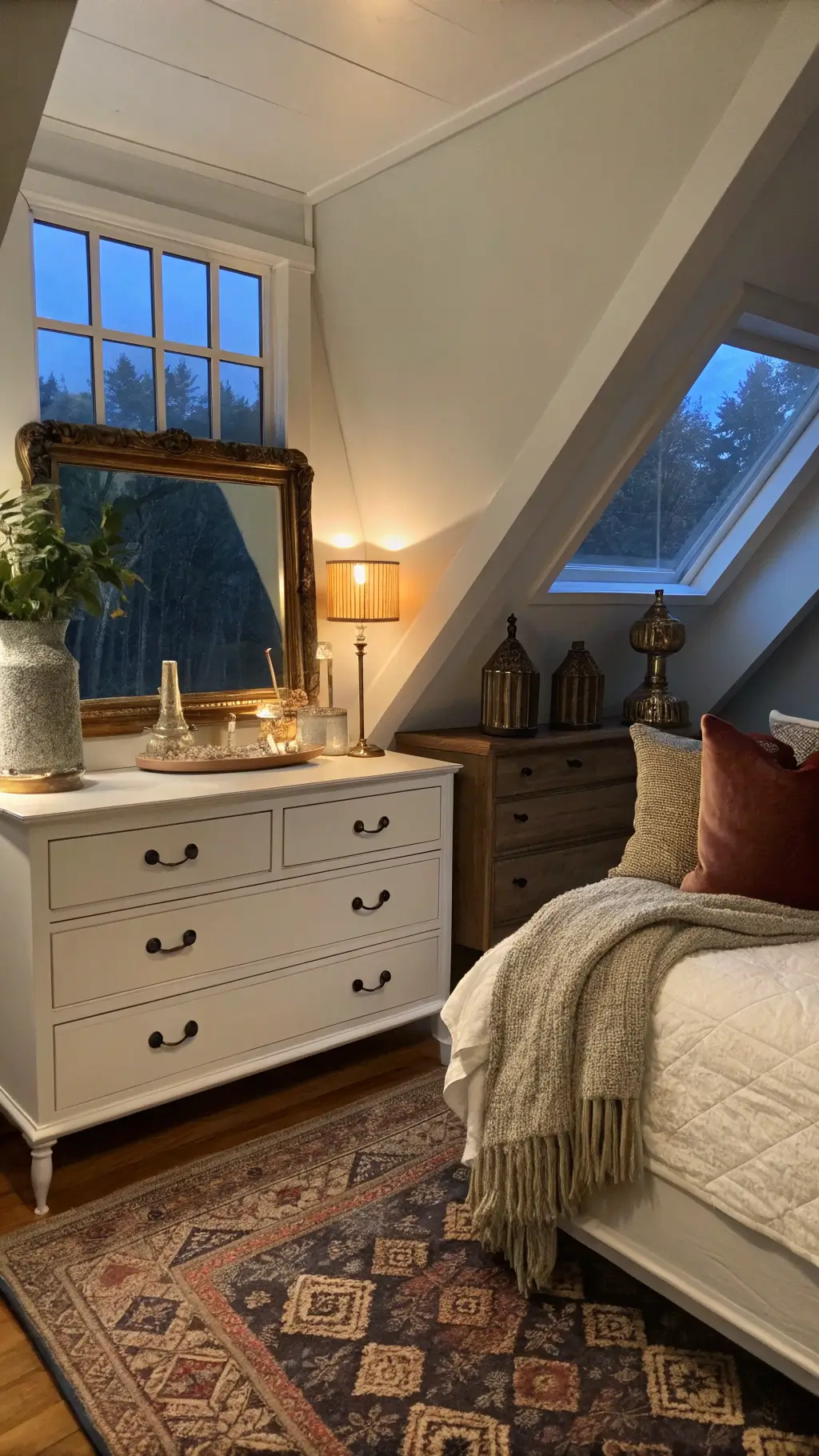 Cozy attic bedroom with slanted ceilings during blue hour, featuring a vintage console repurposed as a dresser beneath a dormer window. Styled with a brass mirror and glass vessels, the space includes velvet pillows, a chunky wool throw, and overlapping vintage rugs. Soft focus highlights the warm, atmospheric lighting.
