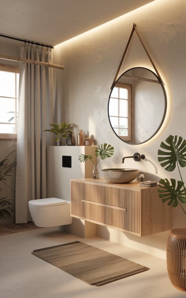 A serene Japandi + Balinese style bathroom with a wall-mounted floating vanity made from light natural wood. The vanity is paired with a ceramic vessel sink and matte black fixtures. A large circular mirror hangs above, with subtle backlighting or bamboo accents. The backdrop includes smooth plaster or limewash walls in soft beige or warm taupe. The bathroom also has a toilet, shower area, curtained window, floor rug, and a rattan stool or basket. There are leafy green plants (such as monstera or palm) and ambient lighting for a tranquil, airy vibe.