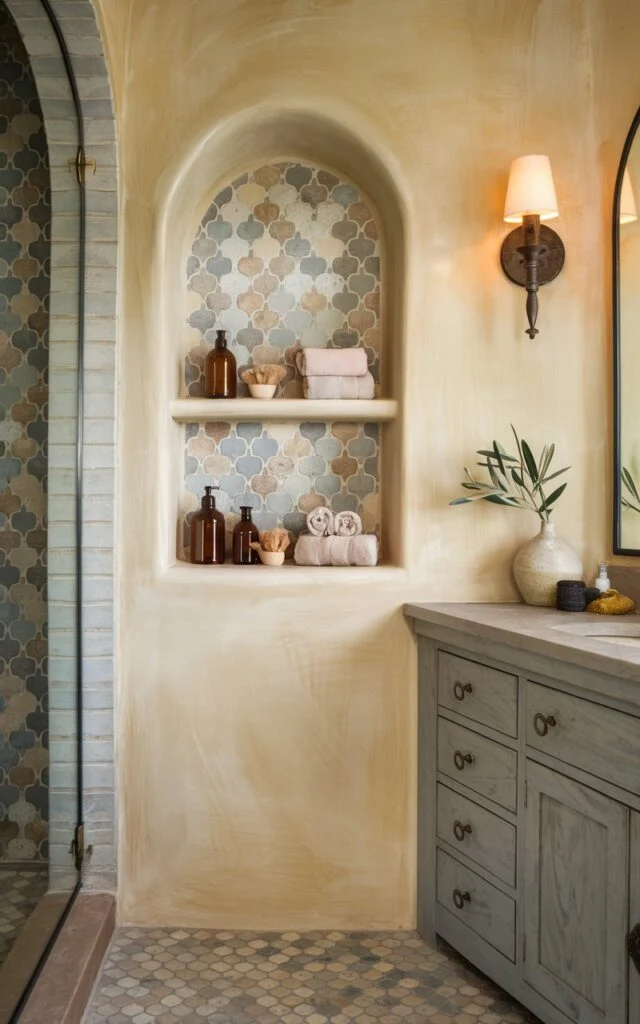 A photo of a transitional + Mediterranean bathroom with warm, creamy plaster walls and a soft arched recessed niche built into the shower. The niche is tiled with patterned ceramic or zellige tiles in muted terracotta, sand, and soft blue tones. Inside the niche, neatly arranged essentials like amber glass bottles, natural sponges, and rolled towels sit alongside a small olive branch in a ceramic vase. The surrounding space features a mix of classic and modern elements—shaker-style vanity with brass hardware, stone countertop, and a wrought iron sconce (warm light on). Arched mirror and mosaic floor tiles complete the cozy yet refined ambiance.