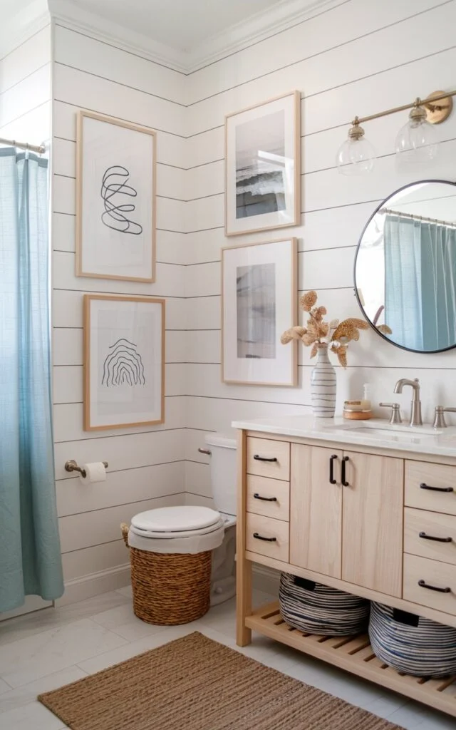 A photo of a chic bathroom with crisp white shiplap walls and a palette of soft blues, sandy beige, and warm woods. The room has a series of gallery-style art pieces with line drawings, abstract beachscapes, or muted ocean photography. The vanity is light oak with minimalist hardware, paired with a round mirror and brushed nickel fixtures. Natural textures like woven baskets, a linen shower curtain, and a jute rug complete the relaxed yet polished coastal atmosphere.