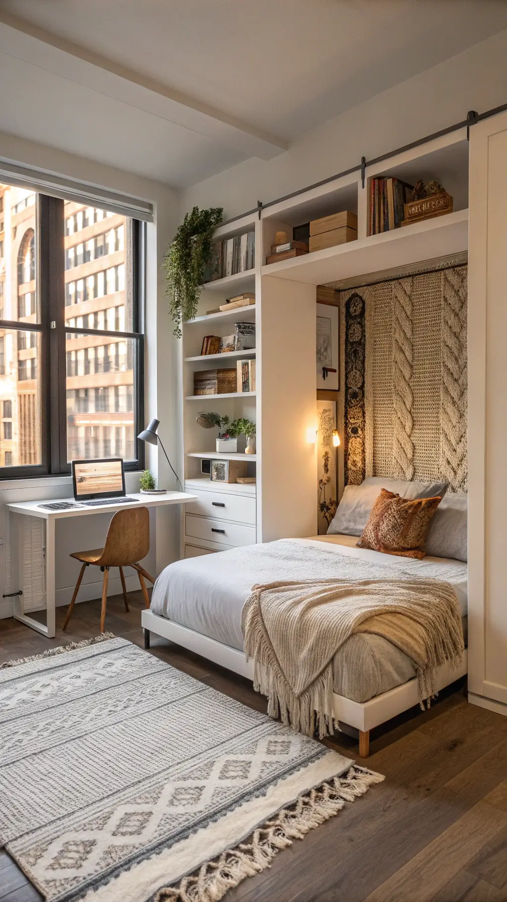 Urban micro-bedroom with morning light streaming through industrial windows, featuring a Murphy bed with an integrated desk, built-in warm white shelving, and textured decor like a sisal rug, linen bedding, and a woven wall hanging. Space-saving design with clean lines.
