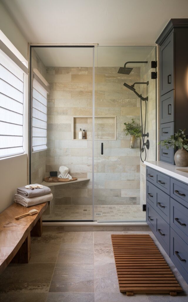 A photo of a Japandi fusion bathroom with a warm, neutral palette and a focus on comfort and simplicity. The bathroom has a glass-enclosed shower with a wooden bench inside it, on which folded cotton towels and a wooden bath brush are placed. The floor is made of large-format, natural-tone tiles. There are matte black fixtures, clean-lined cabinetry in painted navy or soft gray, and a slatted wooden bath mat. The bathroom also has minimalist lighting, greenery in a ceramic pot, and subtle textures. The shower bench is inside the shower area. Window has a sheer blinders. Natural light is soft, filtered.