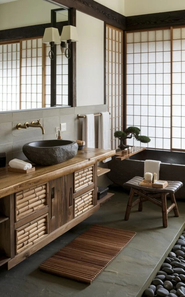 A photo of a Zen-style bathroom with a traditional Asian aesthetic. The room features a floating vanity made of reclaimed wood with a visible grain, bamboo drawer inserts, and a matte stone sink. Behind the vanity, there's a minimalist backsplash of neutral tiles. Next to the vanity, there's a deep soaking tub, a wooden bath mat, and a bamboo stool. The floor is covered with smooth river stones or slate. Shoji-style screens, soft linen towels, and bonsai plants add a traditional Japanese influence. Classic sconces and brushed brass taps tie in the traditional charm.