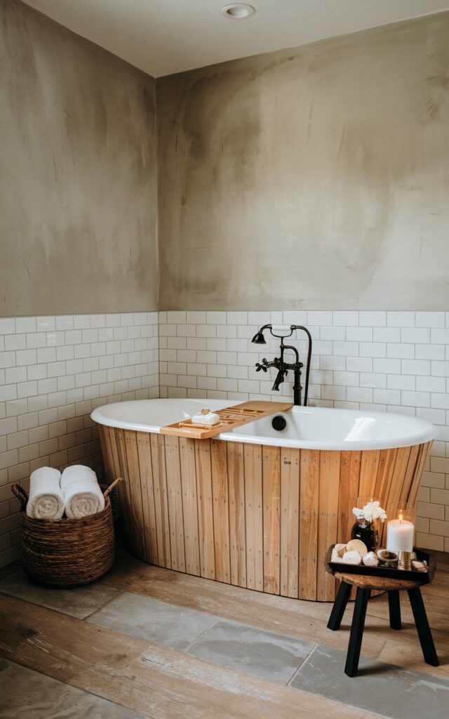 A photo of a cozy modern rustic bathroom with a freestanding tub. The base of the tub is wrapped in peel-and-stick wood slats in a warm, natural finish. The walls have soft gray plaster or subway tiles, and the flooring is wide-plank wood or stone-look tile. There is a woven basket near the tub holding rolled towels and a small stool displaying bath salts and candles. The room has matte black fixtures and a touch of greenery.