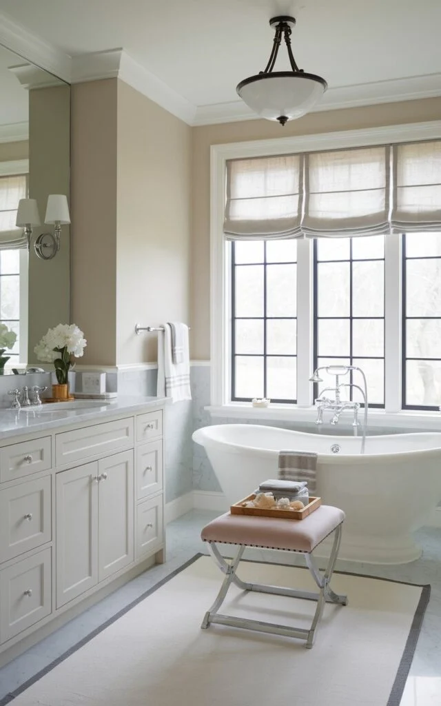 A photo of a transitional bathroom with a clean, balanced design blending traditional and modern elements. A freestanding soaking tub sits beneath a large window with soft Roman shades or linen drapery. Nearby, a sleek yet classic wooden or upholstered stool is "floated" beside the tub—unanchored and movable, offering practical elegance. The stool holds a folded towel, a small book, or a tray with bath salts. The space features neutral tones, shaker-style cabinetry, marble or quartz surfaces, and polished nickel fixtures. Soft lighting from wall sconces and a central pendant keeps the mood inviting and timeless.