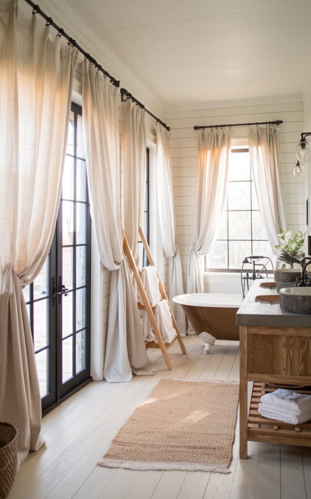 A photo of a modern farmhouse bathroom with a bright and airy atmosphere. There are large, paned windows dressed in light, flowing linen panels. The curtains are soft white or oatmeal-toned, casually draped to filter sunlight and create a cozy, lived-in feel. The space features shiplap walls, matte black fixtures, and a rustic wood vanity topped with a stone or quartz countertop. A freestanding tub sits nearby on wide-plank flooring, with a woven rug underfoot and a ladder rack leaning nearby for towels. A mix of vintage accents and clean lines balance warmth and simplicity in true farmhouse fashion. Natural light is soft, ambient.